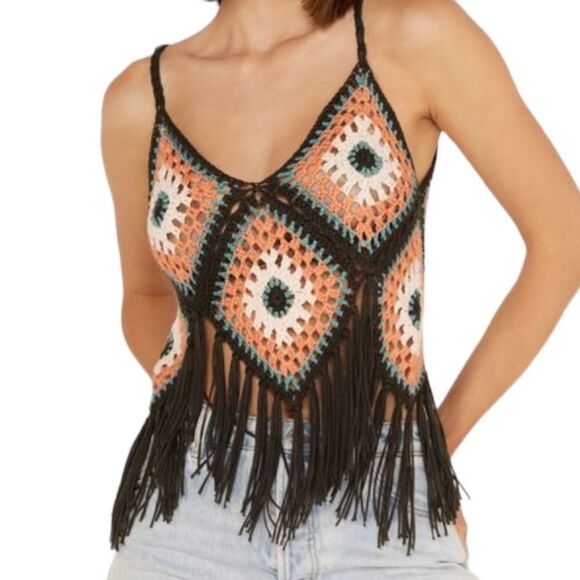 Woven Crochet Aztec Tassel Bohemien Cropped Tank Top Shirt - Picture 4 of 5